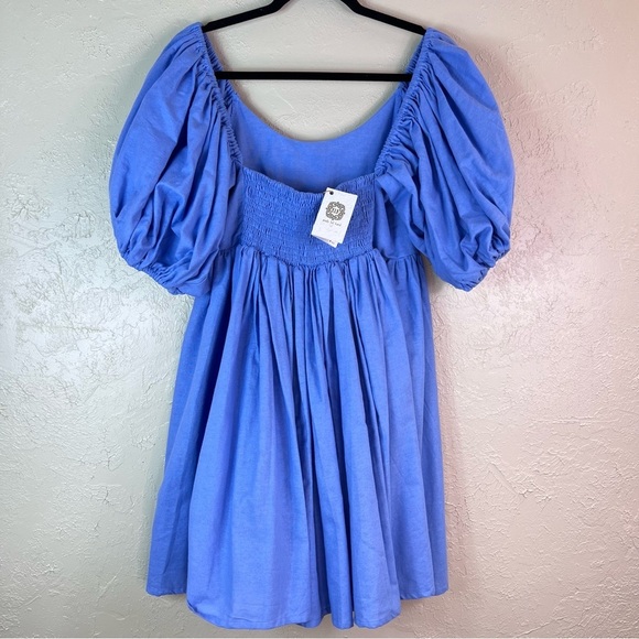 ELF Linen Handmade Puff Sleeve Blue Smocked Milkmaid Dress SIZE LARGE - Picture 2 of 9